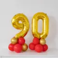 Gold 90 Number Balloon Set with Red and Gold Latex Balloons for Birthday Party Decor - 90th Birthday Gold Number Balloon Column