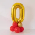 Gold number 0 foil balloon with red and gold latex balloons base for birthday party decoration - Gold Number 0 Balloon Column (with Glue Dots & Ribbon)
