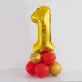 Gold Number 1 Foil Balloon with Red Gold Latex Balloons Base Party Decoration Variant SKU - Gold Number 1 Balloon Column (with Glue Dots & Ribbon)