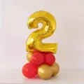 Gold number 2 foil balloon with red and gold balloon base set for birthday party. - Gold Number 2 Balloon Column with Glue Dots and Ribbon