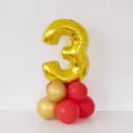 Gold number 3 foil balloon with red and gold latex balloons base for birthday party decor - Gold Number 3 Balloon Column with Glue Dots and Ribbon