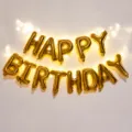 Gold Happy Birthday foil balloons set with LED string lights for party backdrop decor. - 16 Inch Gold Happy Birthday Letters + 2 Light Strips / Gold