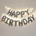 Silver Happy Birthday foil balloons set with fairy string lights for birthday party wall decor - 16 Inch Silver Happy Birthday Letters + 2 Light Strips / Silver