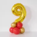 Gold number 9 foil balloon with red and gold latex balloons base for birthday party decor. - Gold Number 9 Balloon Column (Includes Glue Dots & Ribbon)