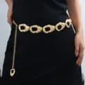 Fashion gold metallic waist chain for women, chic textured round disc belt body jewelry. - Striped Disc Splicing Style (YL2-1-06) / Gold