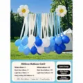 Blue white balloon streamer set with daisy smiley balloons for outdoor birthday party decor. - Blue and White Crepe Paper Balloon Set with Pump