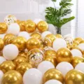 Gold white balloon set for wedding birthday party decoration with pump and ribbon - 50 Pcs (Includes Pump Ribbon Glue Dots) / Metallic Gold & White & Gold Confetti