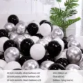 Balloon arch kit with metallic silver, matte white, and black latex balloons for parties. - 50 Pcs (Includes Pump Ribbon Glue Dots) / Metallic Silver & White & Black