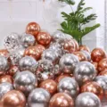 Metallic and confetti balloon set with pump and ribbon for party and wedding decoration. - 50 Pcs (Includes Pump Ribbon Glue Dots) / Metallic Silver & Rose Gold & Silver Confetti
