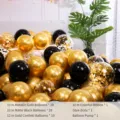 Black and gold balloon set for wedding party birthday decoration with confetti balloons and pump. - 50 Pcs (Includes Pump Ribbon Glue Dots) / Metallic Gold & Black & Gold Confetti