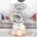 Silver 40 inch number 5 foil balloon with pastel latex balloon base for birthday party decor. - 40 Inch Silver Aluminum Foil Number Balloon 5