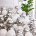 Balloon arch kit with metallic silver, matte white, and confetti balloons for wedding party - 50 Pcs (Includes Pump Ribbon Glue Dots) / Metallic Silver & White & Silver Confetti