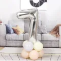 Silver 40 inch number 7 foil balloon with pastel latex balloon base for birthday party decor. - 40 Inch Silver Aluminum Foil Number Balloon 7