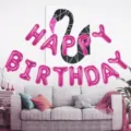 Pink foil letter balloons spelling Happy Birthday for kids party background wall decoration. - 16 Inch Fuchsia Happy Birthday Letters