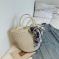 Borsa di paglia intrecciata mare borsa a mano casual con nastro elegante per le vacanze - Bianco avorio