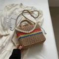 Women straw woven bucket bag with rainbow stripes and elegant pearl chain handle for summer. - Khaki