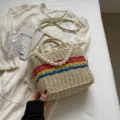 Woven straw bucket bag for women summer pearl chain handbag cute rainbow stripe crossbody - Off White