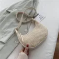 Chic straw woven shoulder bag for women, elegant beige underarm hobo bag with PU leather trim. - Off White