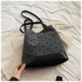 Borsa tote grigia a pois da donna con fondo in pelle nera, borsa a spalla casual da lavoro. - Farfalla Nera