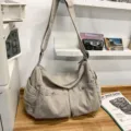 Ιπωνική ρετρό casual τσάντα χιαστί από καμβά σε ανοιχτό γκρι, μεγάλη τσάντα ώμου. - Γκρι
