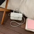Minimalist leather crossbody bag for women, chic top handle small square bag with buckle. - No Pendant / Light Gray