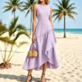 Elegantes ärmelloses lavendelfarbenes Maxikleid mit asymmetrischem Rüschensaum für den Sommer. - XS / Helltaro-Lila