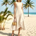 Elegantes, ärmelloses Sommer-Maxikleid in Beige mit Netz-Patchwork und Taillierung. - XS / Elfenbein