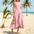 Rosa ärmelloses asymmetrisches Rüschenkleid Detailansicht, eleganter Sommerurlaubsstil. - XS / Rosa