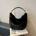 Winter plush hobo bag for women faux fur shoulder handbag casual stylish commuter bag. - No Pendant / Black