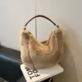 Khaki plush shoulder bag, soft faux fur hobo handbag, stylish autumn winter fuzzy underarm purse. - No Pendant / Caramel color