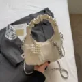 Women pleated shoulder bag white cloud bag with metal chain crossbody chic design - With Charm / Off White
