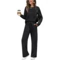 Women casual two piece set long sleeve crewneck top and wide leg pants activewear. - S / Top And Bottom / Black