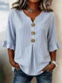 Mujer Verano Azul Rayado V-Cuello Camisa Casual Botón Volante Manga Elegante Top Blusa - S / Azul claro