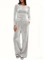 Damen Freizeit Velours Trainingsanzug Langarm Top Hohe Taille Weite Hose Grau Outfit - XS / Oberteil und Hose / Hellgrau
