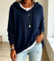 Casual women's knitted hooded long sleeve sweater loose pullover with drawstring design. - Navy Blue