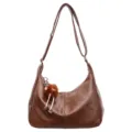 Brown slouchy shoulder bag for women, large capacity crossbody bag with cute plush pendant. - S / Brown