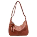 Brown leather shoulder bag for women, stylish hobo crossbody bag with cute plush charm. - S / Yellow Brown