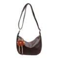 Dark brown PU leather hobo shoulder bag with cute plush doll keychain for women casual chic. - S / Coffee