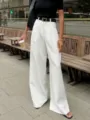 Weisse elegante Damen Anzughose mit hohem Bund, schicke lockere weite Freizeithose lang. - S / Weiß