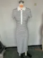 Damen schwarz weiß gestreiftes Polo Strick Midikleid Kurzarm figurbetont elegant - M / Wie Abgebildet