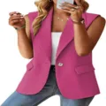 Damen ärmellose Revers Blazer Weste lässig offene Front Anzug Weste stilvolle elegante Oberbekleidung - Fuchsia