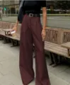 Elegante Damen High-Waist Weitbein Hose, lässige bequeme lose lange Freizeithose Mode. - S / Burgunderrot
