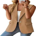Damen khaki Revers ärmelloser Blazer Weste lässig schick Pendler offene Vorderseite - S / Khaki