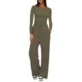 Women Olive Green Long Sleeve Top and High Waist Wide Leg Pants Loungewear Set - XS / Top And Bottom / Army Green