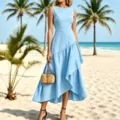 Primo piano dettaglio del vestito da spiaggia asimmetrico senza maniche azzurro chiaro. - Celeste