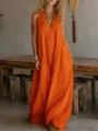Vestido largo maxi holgado sin mangas en algodón naranja brillante con bolsillos laterales. - Rojo Anaranjado