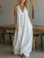 Vestido largo blanco sin mangas casual con bolsillos, vestido bohemio holgado de mujer. - S / Blanco
