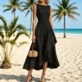 Elegante abito estivo nero senza maniche con orlo asimmetrico per un perfetto look da spiaggia. - Nero mezzanotte