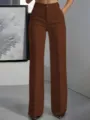 Dettaglio pantaloni da abito dritti a vita alta marroni, design drappeggiato elegante e slanciato. - Taglia S / Pantaloni e gonne / Marrone scuro