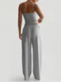 Grey ribbed camisole and wide leg lounge pants detail view, casual women sleepwear set. - M / Top And Bottom / Light Gray